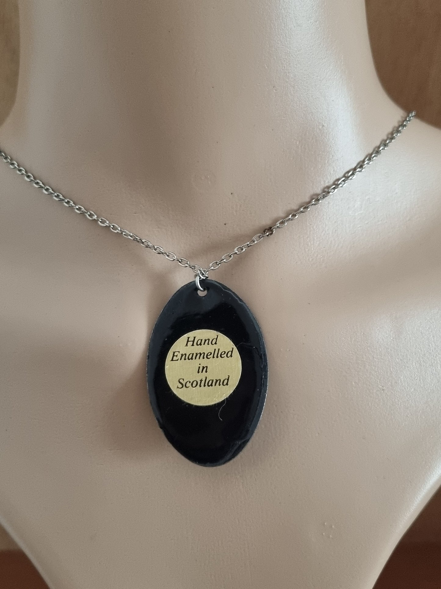Vintage Necklace Hand Enamelled Silver Tone Chain Thistle Flower Purple and Black Pendant