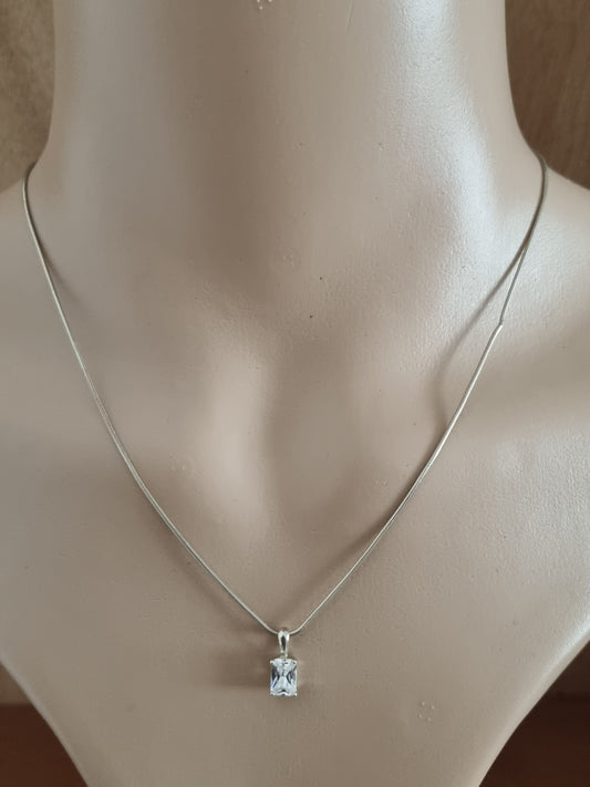 Vintage Necklace 925 Sterling Silver Square Cubic Zirconia Drop Pendant and Chain