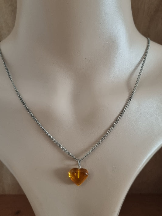 Vintage Necklace Silver Tone Natural Amber Heart Stone Orange