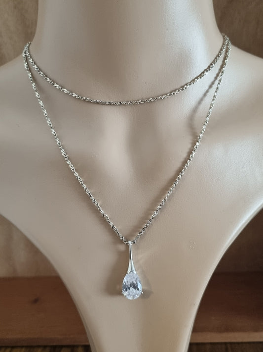 Vintage Necklace 925 Sterling Silver Pear Teardrop Cubic Zirconia Pendant