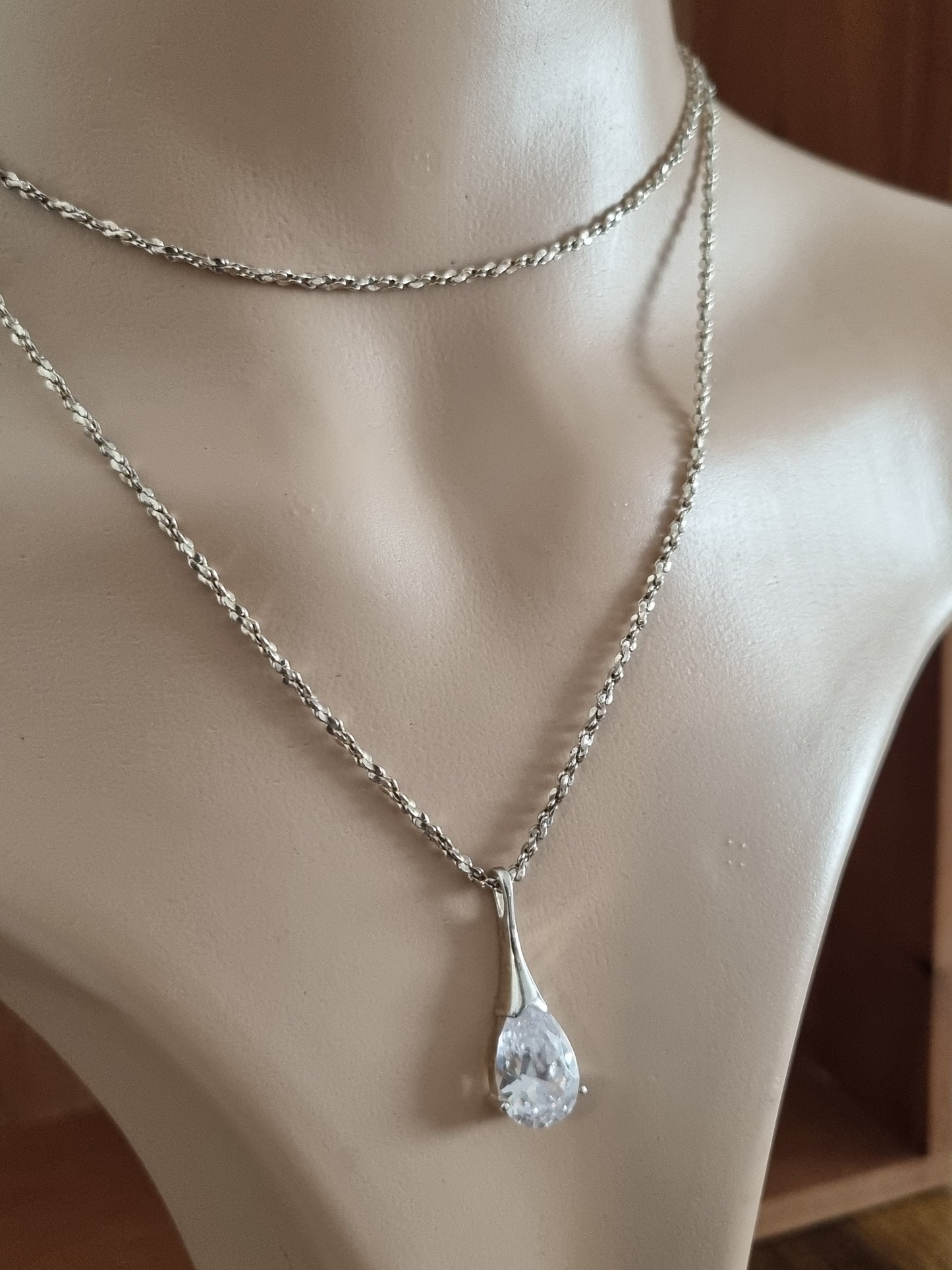 Vintage Necklace 925 Sterling Silver Pear Teardrop Cubic Zirconia Pendant