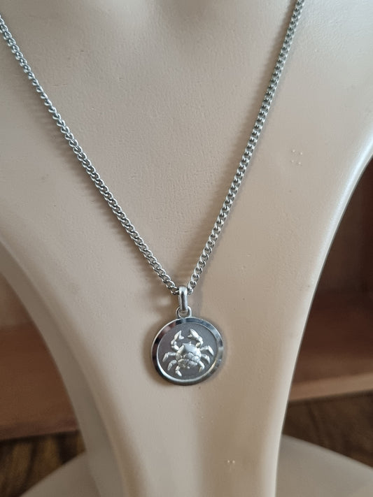 Vintage Necklace Zodiac Crab Cancer Round Silver Tone Pendant and Chain