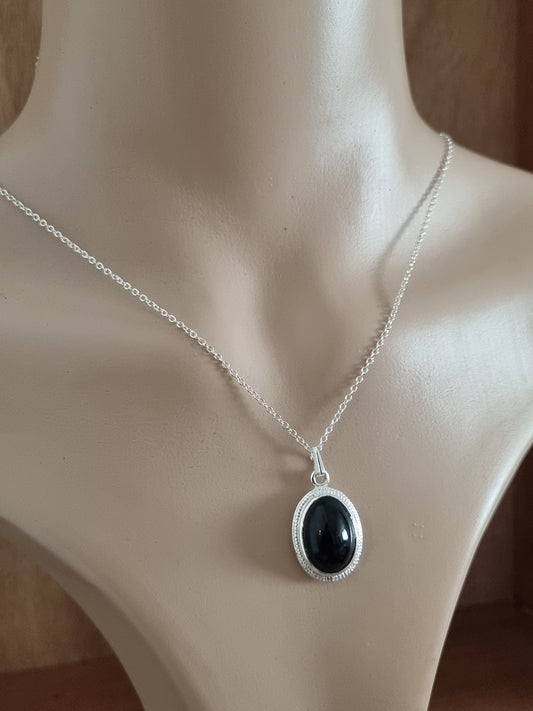 Vintage Necklace 925 Sterling Silver Chain, Costume Black Onyx Pendant