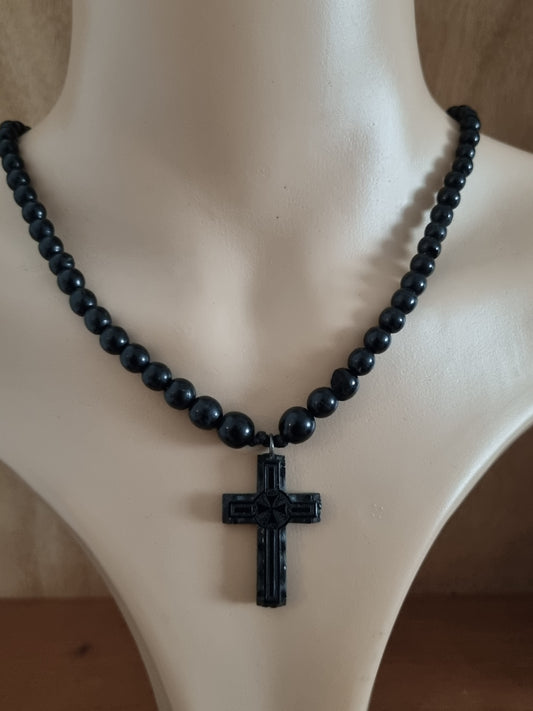 Vintage Necklace Statement Black Crucifix Plastic Religious Mourning Pendant