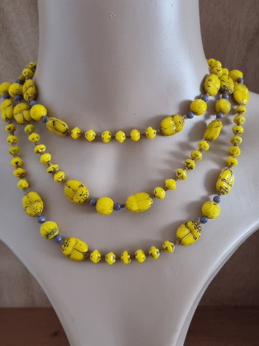 Vintage Necklace Neifer Scarab Bright Yellow Bead Glass Art Deco Flapper
