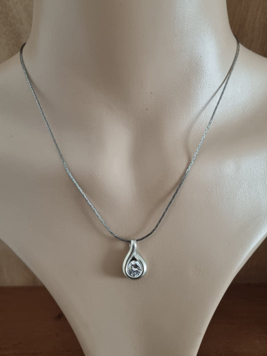 Vintage Necklace 925 Sterling Silver Pear Cubic Zirconia Pendant, Costume Silver Tone Pendant