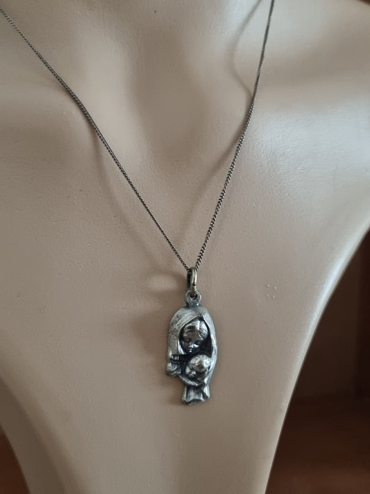Vintage Necklace 60s Catholic Lady of Lourdes and Child Jesus Pendant