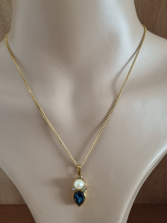 Vintage Necklace Gold Tone Cubic Zirconia, Keyes, Blue Glass, Faux Pearl Costume