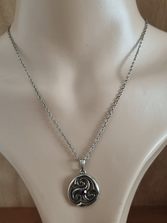 Vintage Necklace Silver Tone Celtic Knit Triskle Purple Gem Costume Pendant and Chain