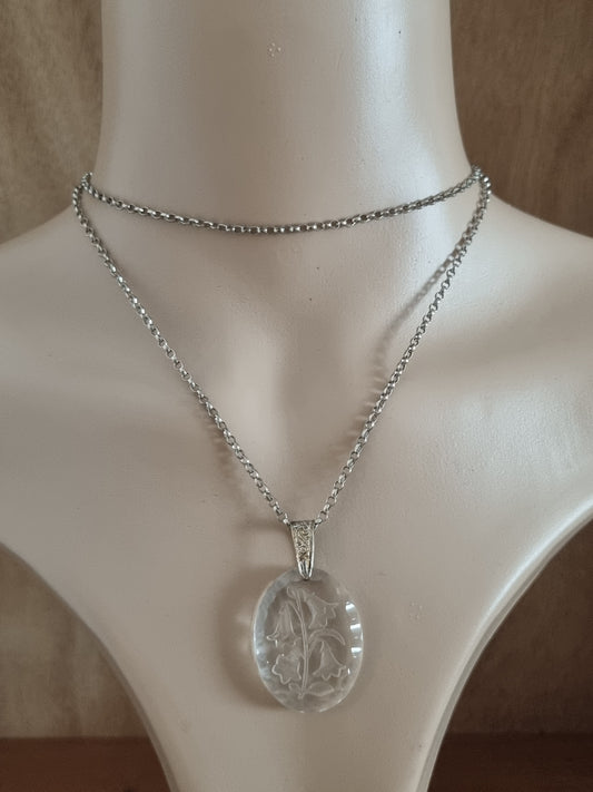 Vintage Necklace 925 Sterling Silver Chain. Reversed Carved EngravedPlastic Flower Pendant