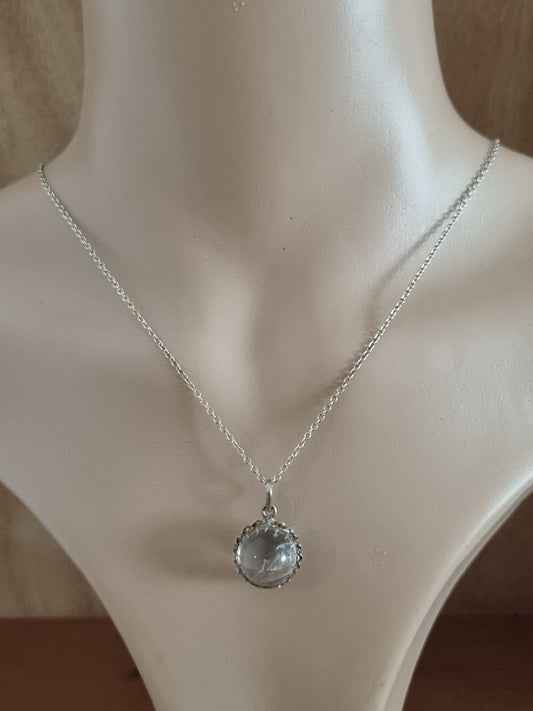 Vintage Necklace 925 Sterling Silver Glass Moon Crystal Ball Pendant and Chain