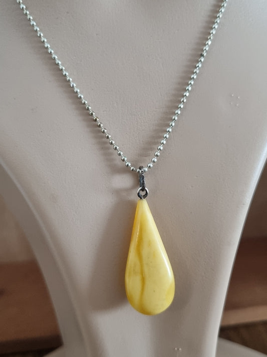 Vintage Necklace 925 Sterling Silver Butterscotch Amber Teardrop Pendant and Costume Chain