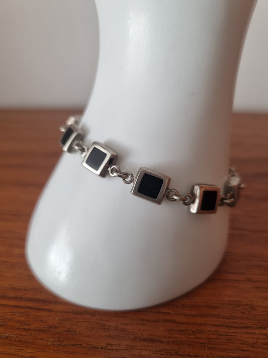 Vintage Bracelet 925 Sterling Silver Geometric Black Stones Jewellery
