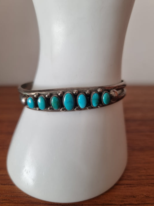 Vintage Bracelet Sterling Silver High Grade Turquoise Row Cuff Jewellery