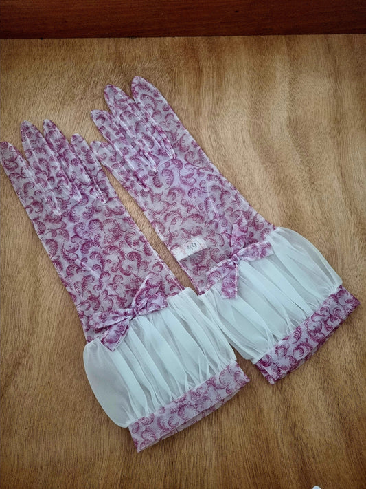 Vintage Gloves Purple White Sheer Feather Polymix Short Gant Made in England