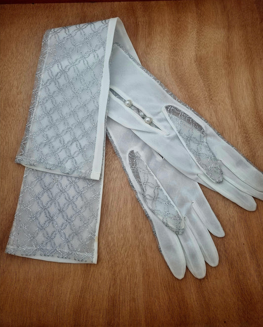 Vintage Gloves Silver Sheer Long White Faux Pearl Polymix Made in England