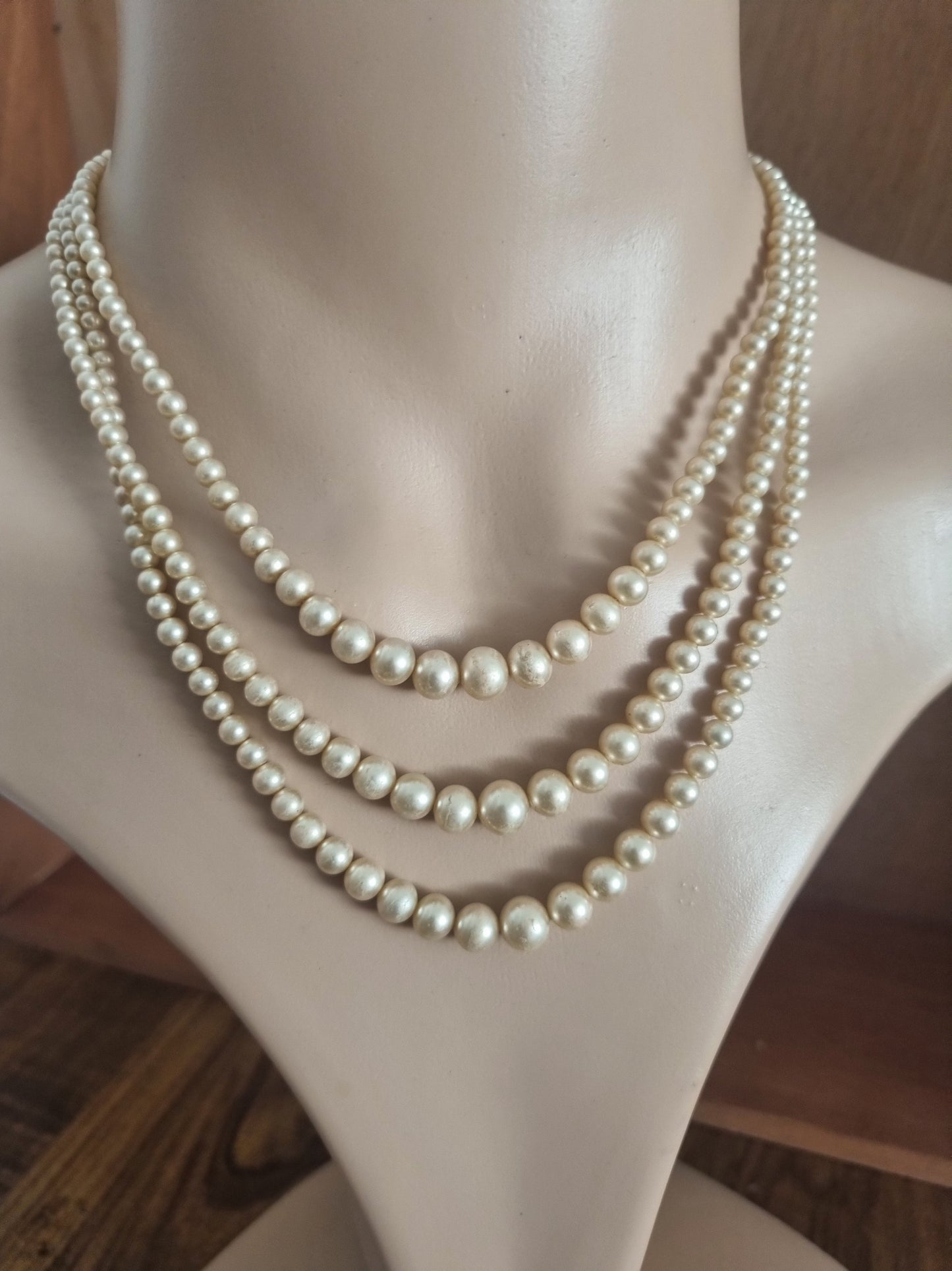 Vintage Necklace Three Strand Faux Pearl 70s Maracasite Silver Clasp. Worn