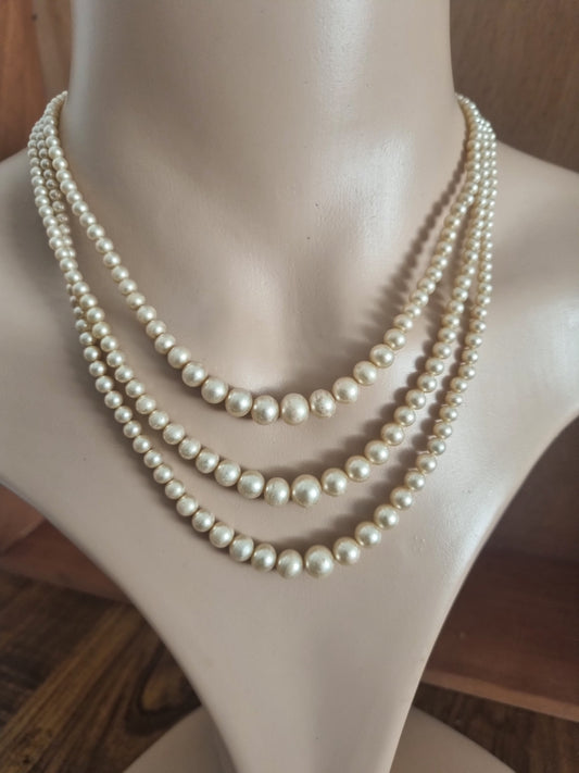 Vintage Necklace Three Strand Faux Pearl 70s Maracasite Silver Clasp. Worn
