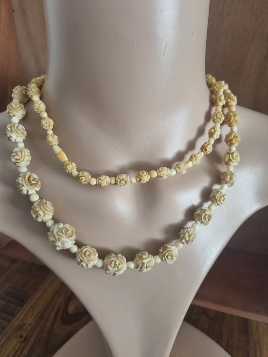 Vintage Necklace Art Deco 1930s Long Carved Celluloid Patina Natural Colour