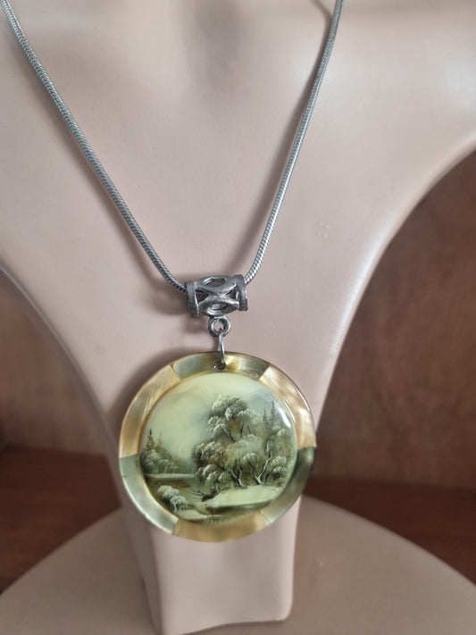 Vintage Necklace Mother of Pearl Large Silver Tone Russian Handpainted Winter Scene