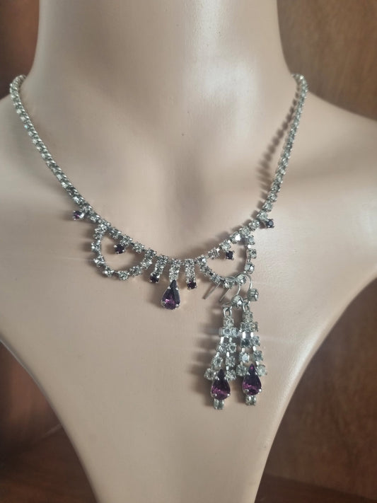 Vintage Set Necklace and Earrings 60s Set Paste Stone, Silver Tone Purple and Clear