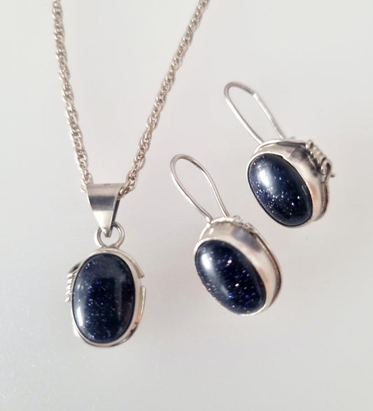 Vintage Necklace Set Necklace and Earrings Blue Goldstone Set Rope Detail Silver