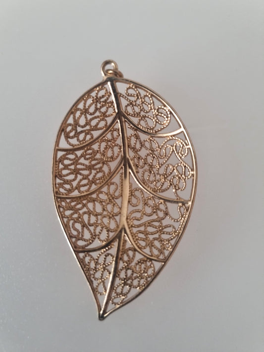 Vintage Pendant Charm Large Filigree Leaf Brass Gold Tone