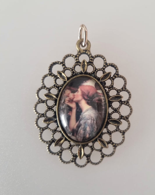 Vintage Pendant Charm Lady with Rose Pre-Raphelite Bronze