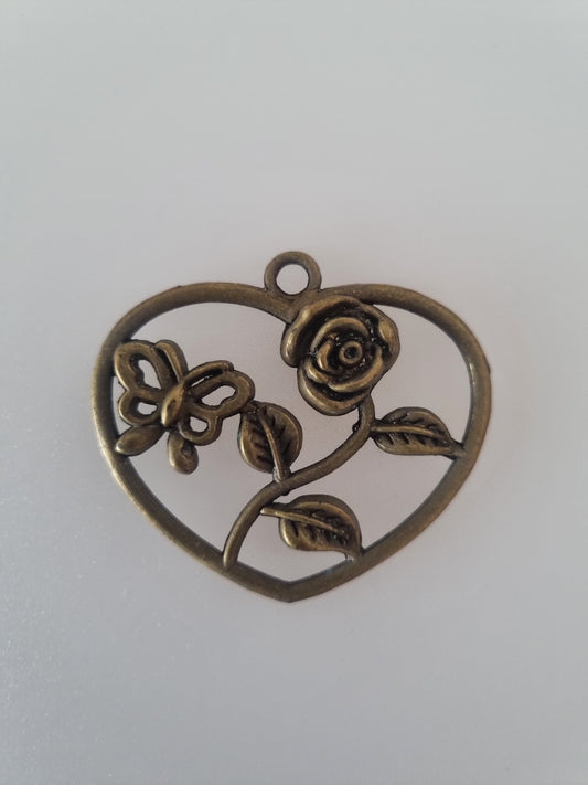 Vintage Pendant Charm Rose Plant Heart Pendant Costume Gold Tone