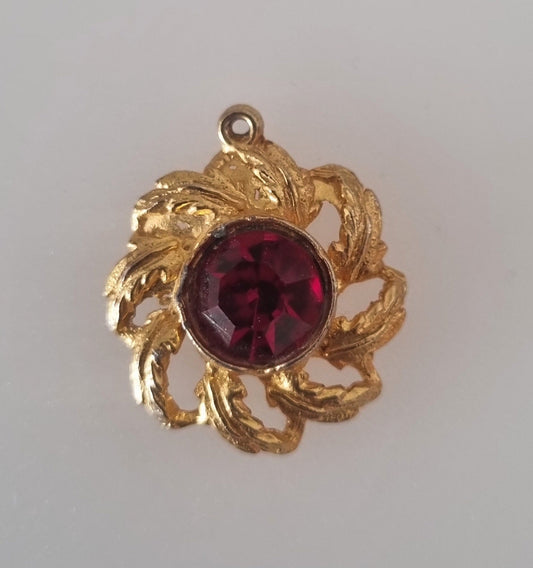 Vintage Pendant Charm Art Deco Style Gold Tone Oval Purple Flower