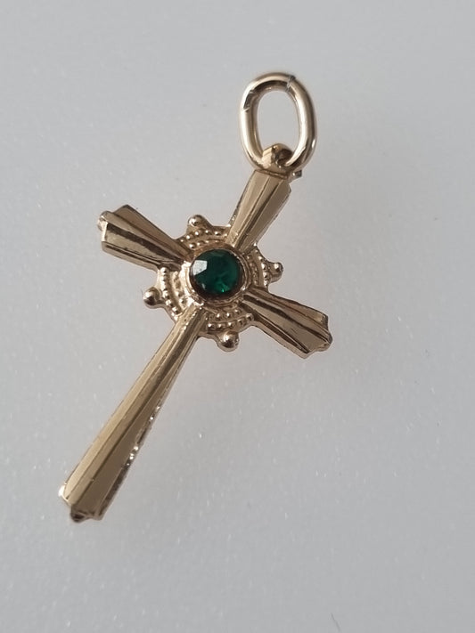 Vintage Pendant Charm Cross Crucifix Gold Tone Lab Emerald. Made in Germany