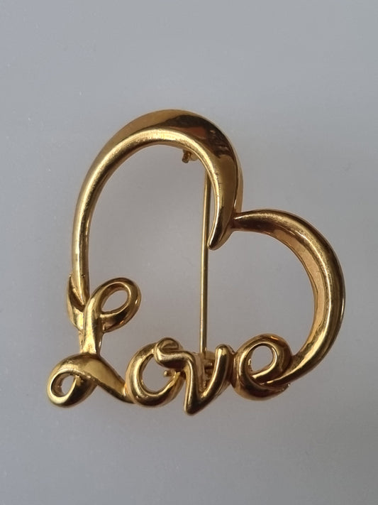 Vintage Love Heart Brooch Gold Tone Large