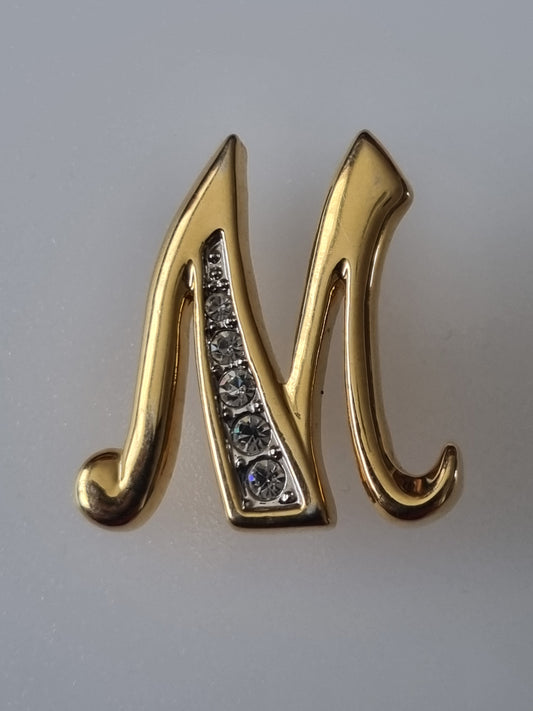 Vintage Brooch 'M' Initial Cubic Zirconia Gemstones