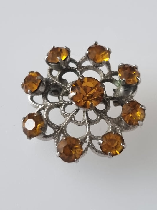Vintage Brooch Sterling Silver Amber Starburst