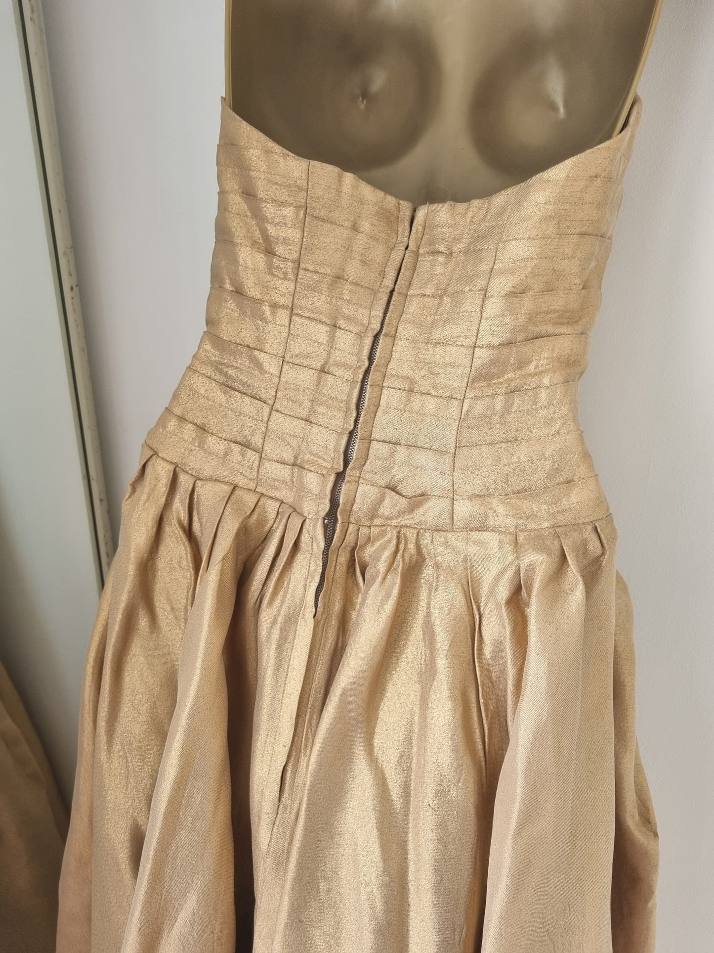 Vintage 50s Strapless Gold Bow Hip Detail Ball Gown Evening Tea Dress