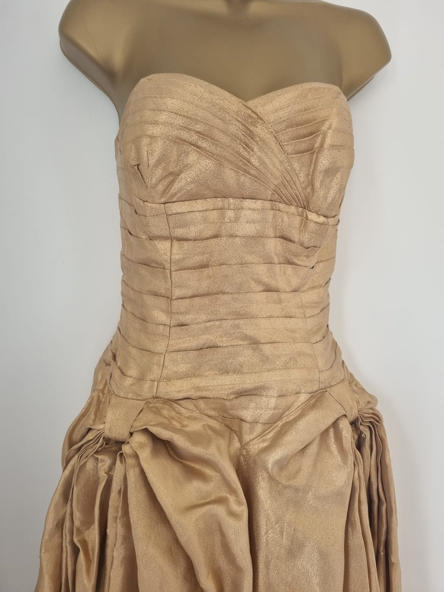 Vintage 50s Strapless Gold Bow Hip Detail Ball Gown Evening Tea Dress