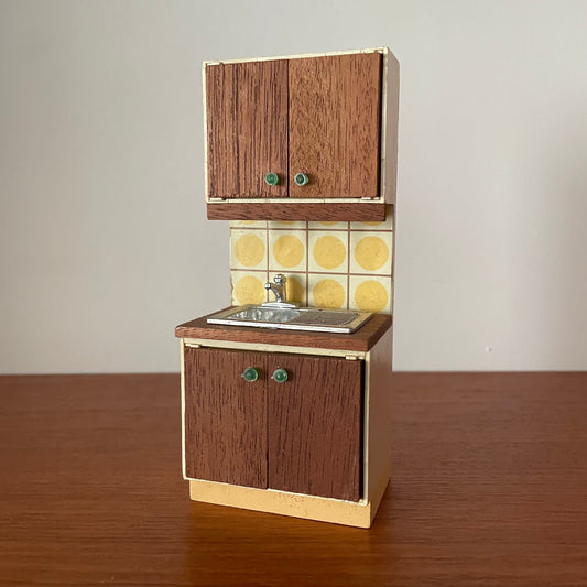 Dolls House Furniture Kitchen Sink Unit 70s Style Tiles Wooden Cabinets