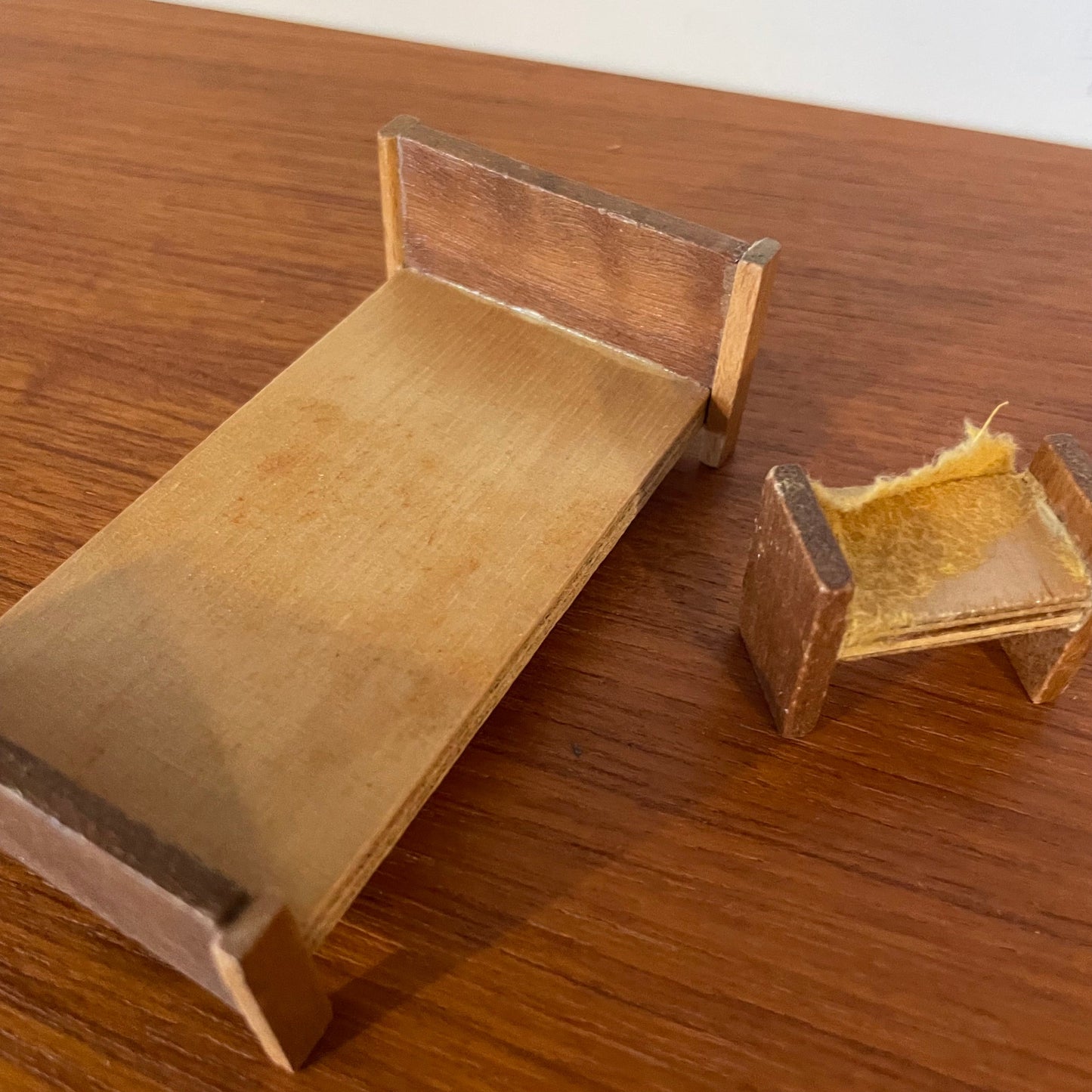 Dolls House Furniture Bed and Side Table Stool Handmade Light Wood