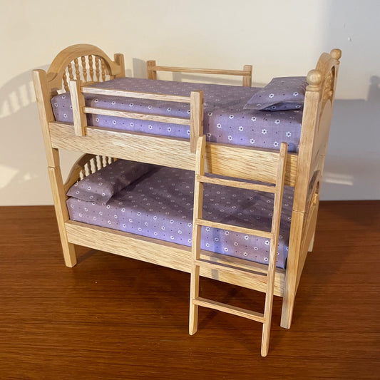 Dolls House Furniture Bunk Beds Light Wood Ladder Purple Bedding Floral