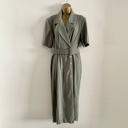 Vintage Grey asymmetric button up smart maxi work dress with matching belt 