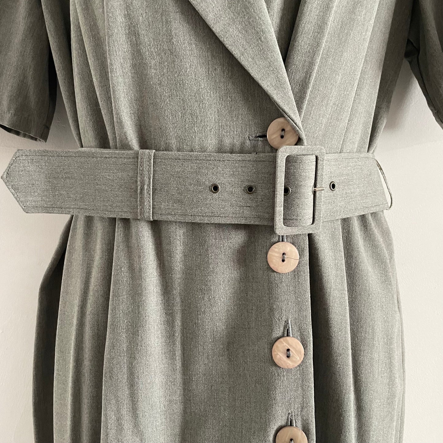 Vintage Grey asymmetric button up smart maxi work dress with matching belt 