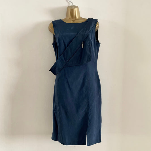 Vintage Lakeland blue shift dress with integrated pocket bumbag. Pleated lined. Knee length