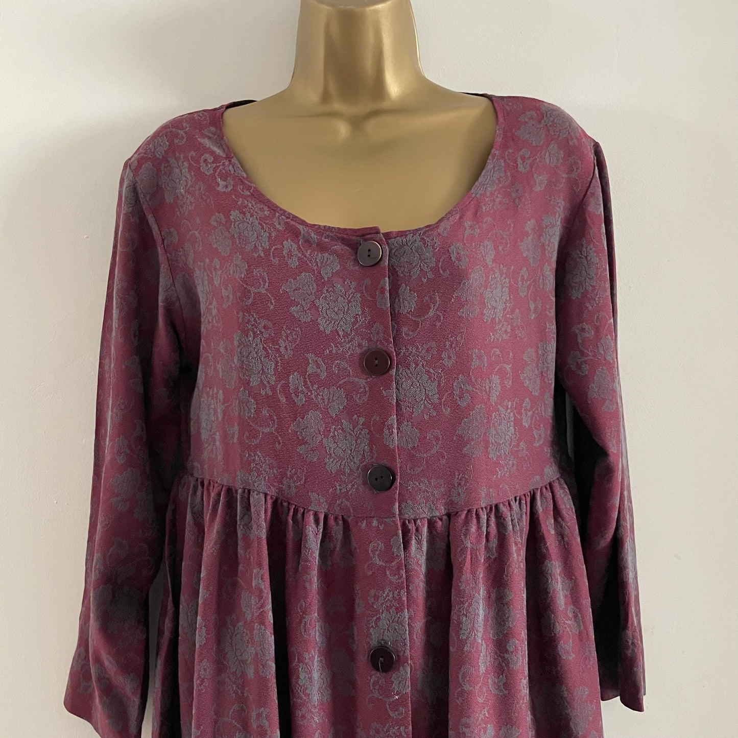 Vintage Ellen Ashley Burgundy & Blue floral pattern button down jersey dress long sleeve