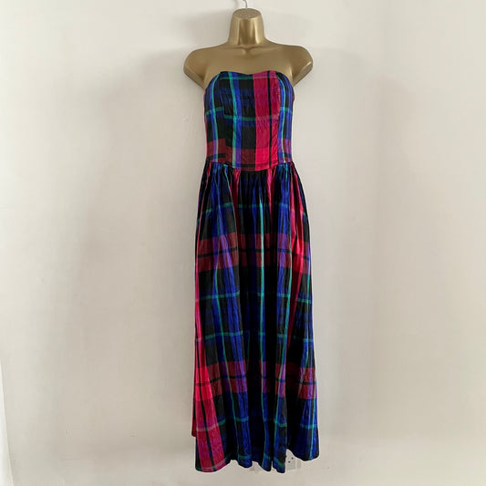 Vintage Monsoon checked brightly coloured sleeveless bandeau midi dress