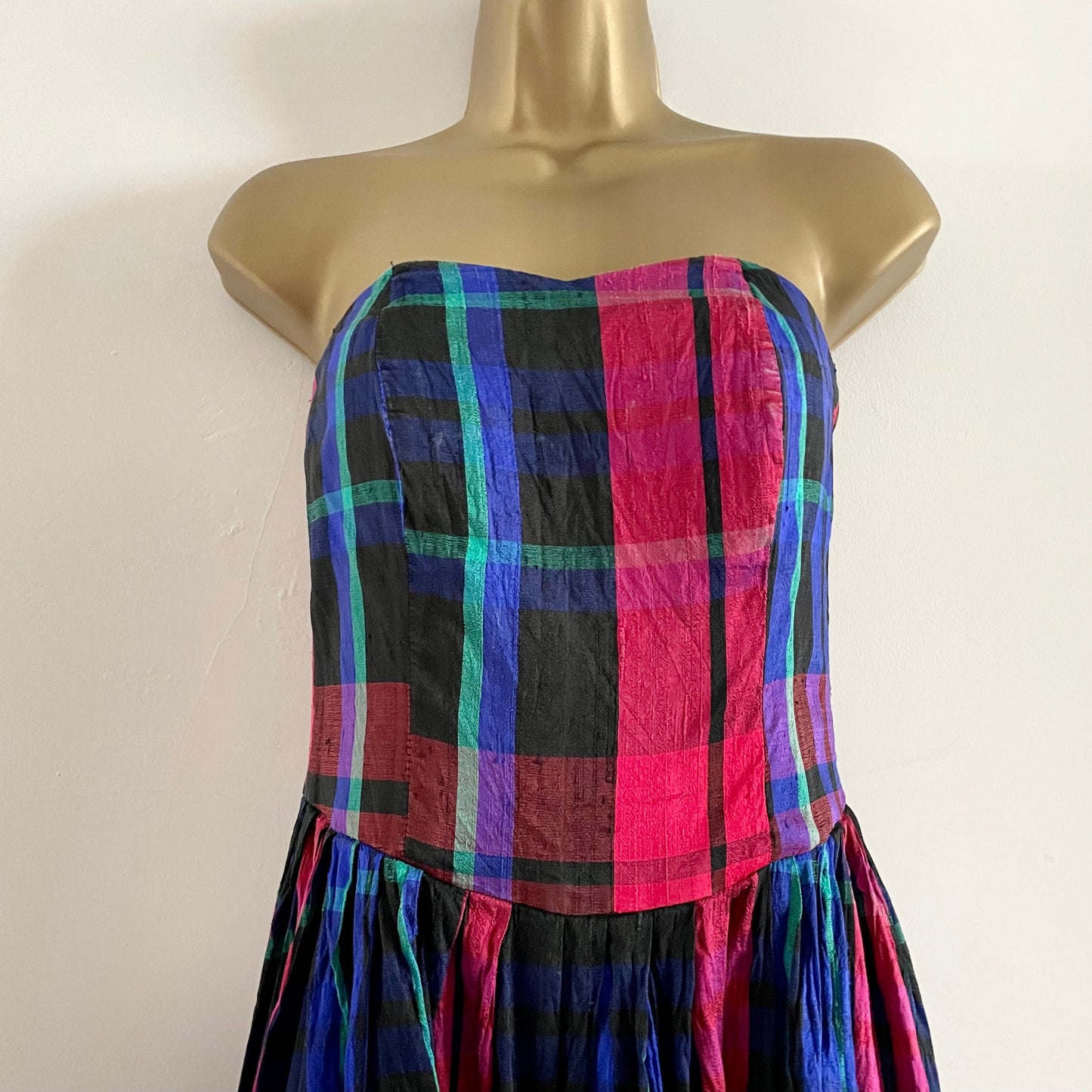 Vintage Monsoon checked brightly coloured sleeveless bandeau midi dress