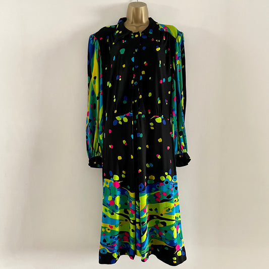 Vintage Airmonia Made in Italy black midi dress. Multicolour abstract pattern long sleeve dagger collar buttons half way.