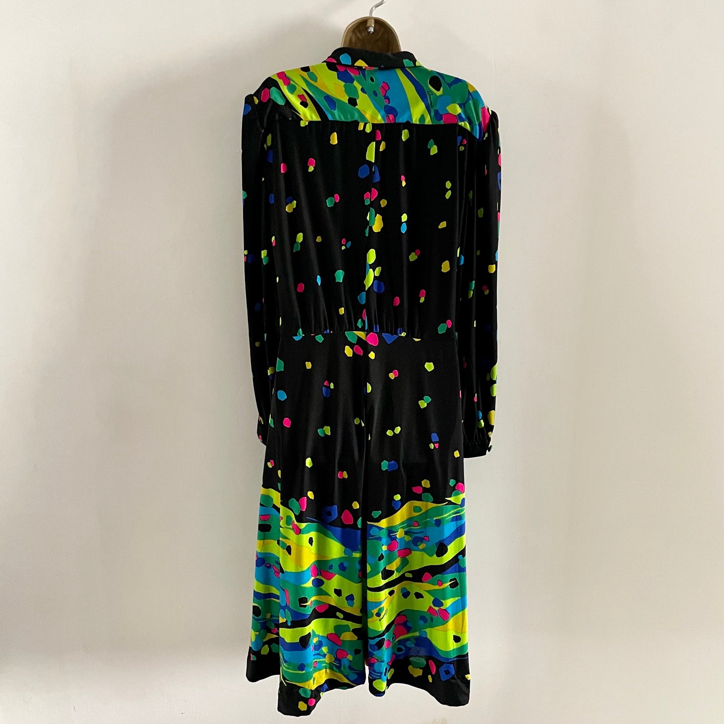 Vintage Airmonia Made in Italy black midi dress. Multicolour abstract pattern long sleeve dagger collar buttons half way.