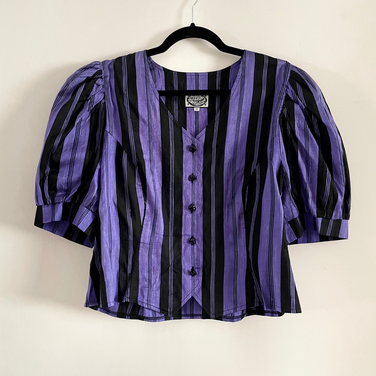 Vintage Marion Donaldson Purple & Black puff sleeve stripe button up top. Pure Silk