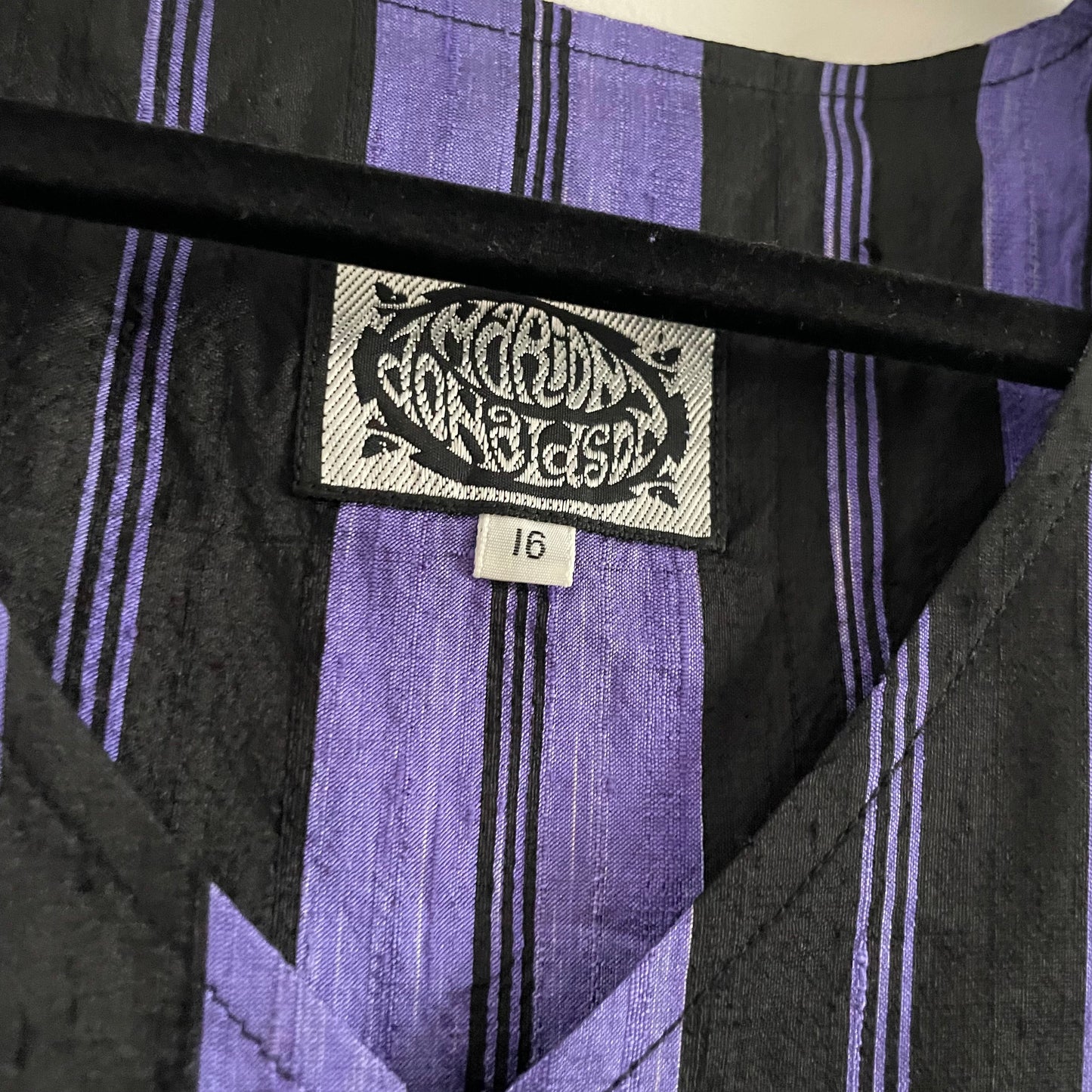 Vintage Marion Donaldson Purple & Black puff sleeve stripe button up top. Pure Silk