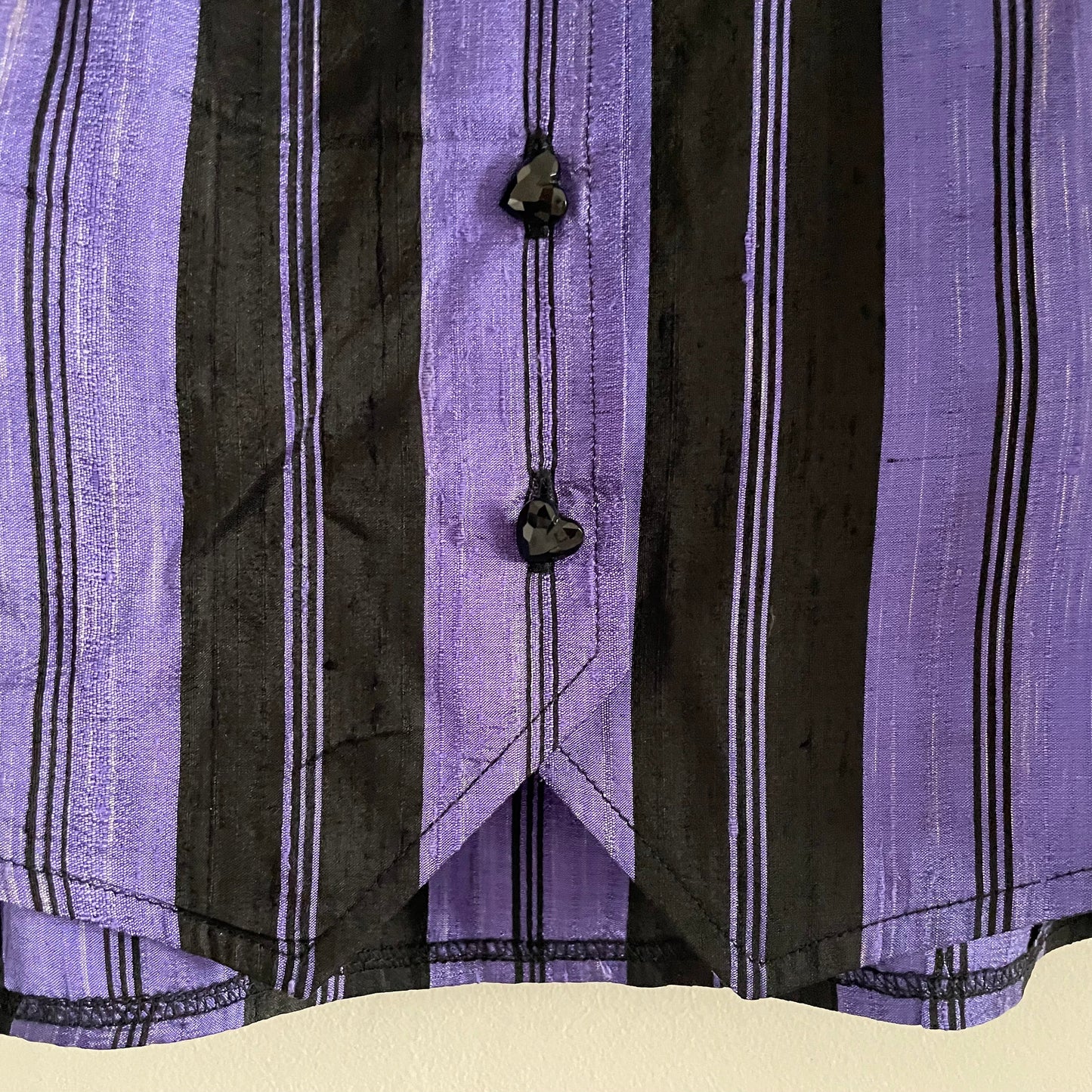 Vintage Marion Donaldson Purple & Black puff sleeve stripe button up top. Pure Silk